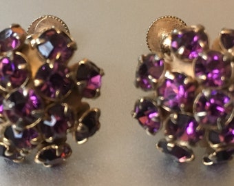 Vintage Amethyst Rhinestone Cluster Screw Back Earrings