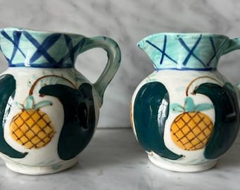 Pair of Small 3" High Vintage Japanese Ceramic Pineapple Creamers Pitchers - Great Vivid Colors!