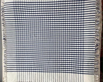 Navy Blue and White Fringed Cotton Woven Tablecloth