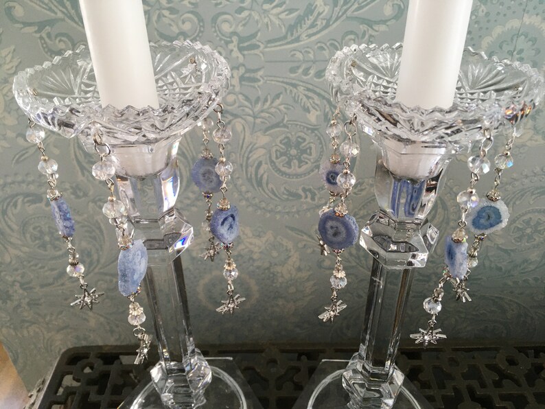 Cut Crystal Candle Ring Wax Catcher Bobeche Pair With Blue Agate, Clear