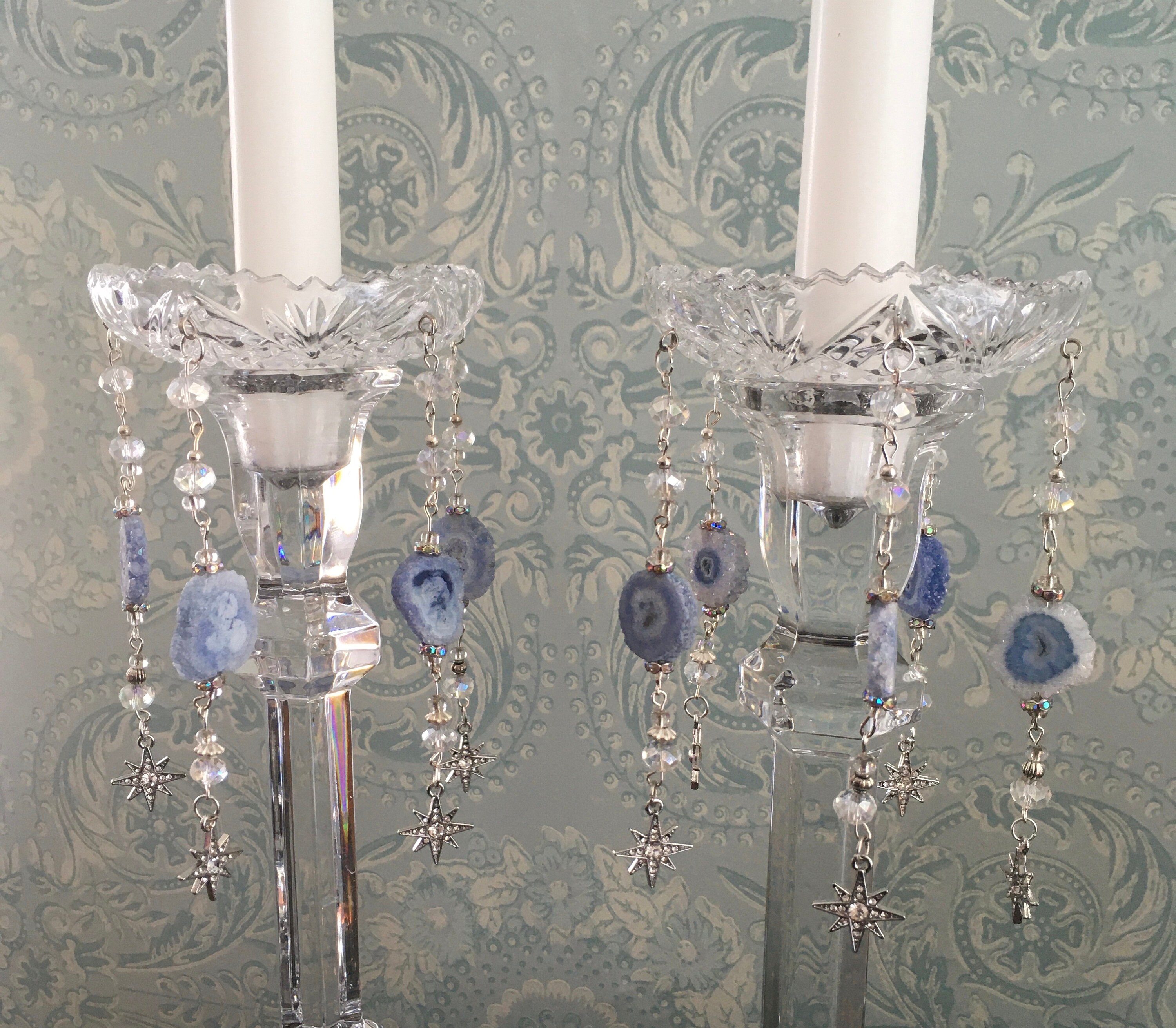 Cut Crystal Candle Ring Wax Catcher Bobeche Pair With Blue Agate, Clear