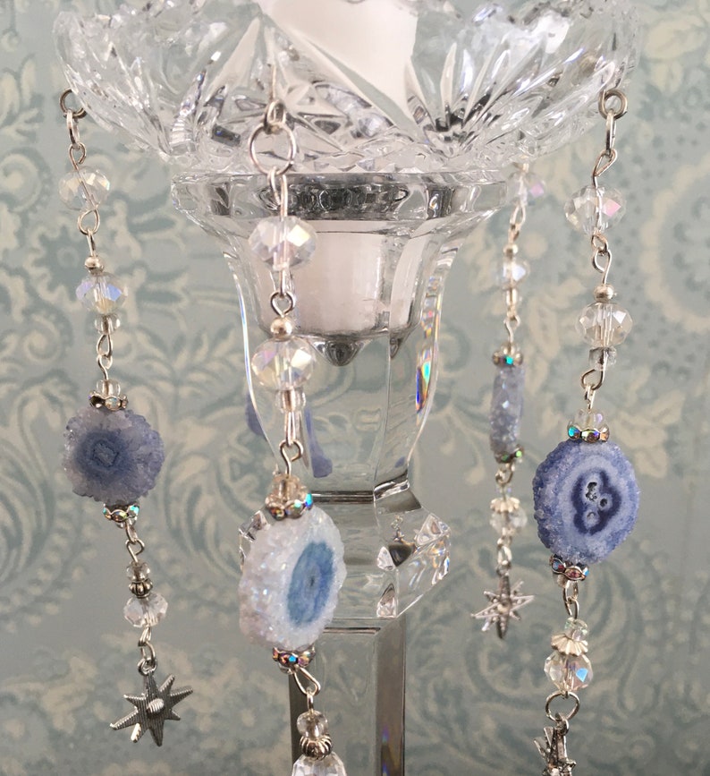 Cut Crystal Candle Ring Wax Catcher Bobeche Pair With Blue Agate, Clear