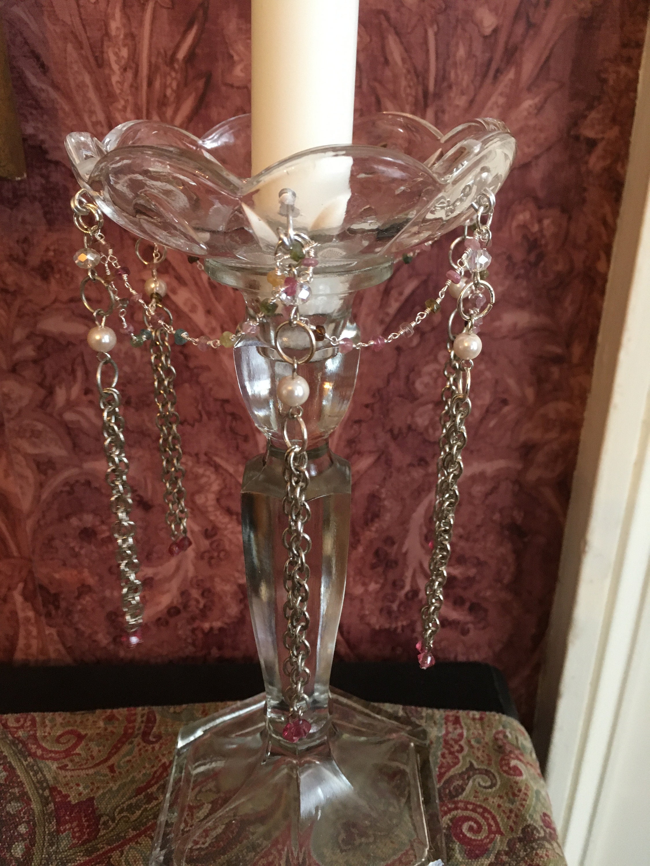 Crystal Glass Bobeche Candle Ring Wax Catcher Pair With Multi
