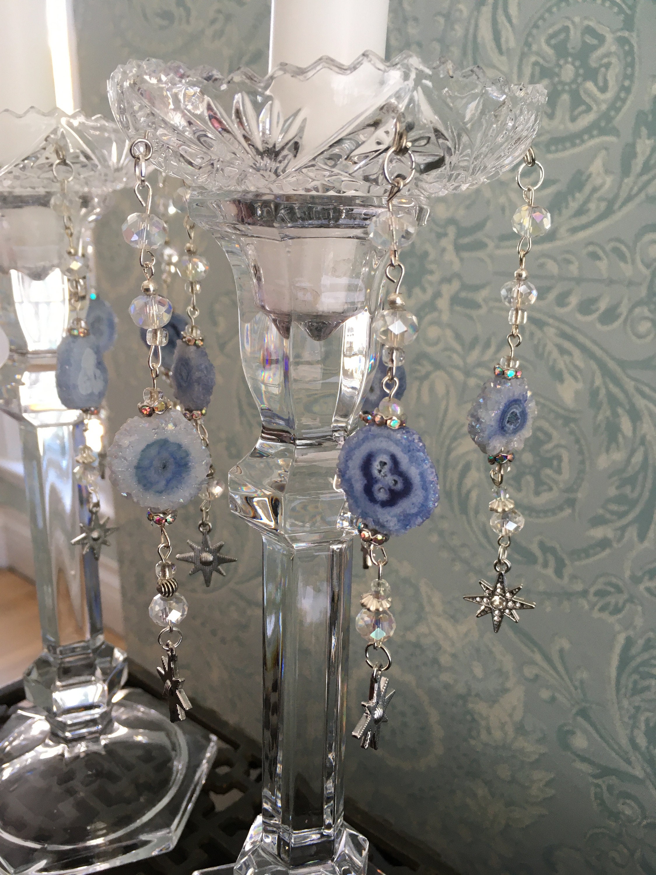 Cut Crystal Candle Ring Wax Catcher Bobeche Pair With Blue Agate, Clear