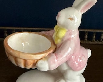 Wonderful Vintage Ceramic Classic Bunny Rabbit Holding a Basket Egg Cup or Trinket Holder