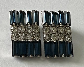 Gorgeous Vintage Rectangular Dark Blue Baguette and Rhinestone Clip Earrings