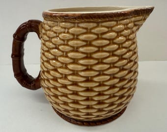 Vintage Ceramic Basket Weave Pitcher with Ceramic Bamboo Handle Made in Japan