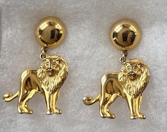 Vintage Gold Tone Metal Majestic Lion Figure Dangle Earrings with Button Post