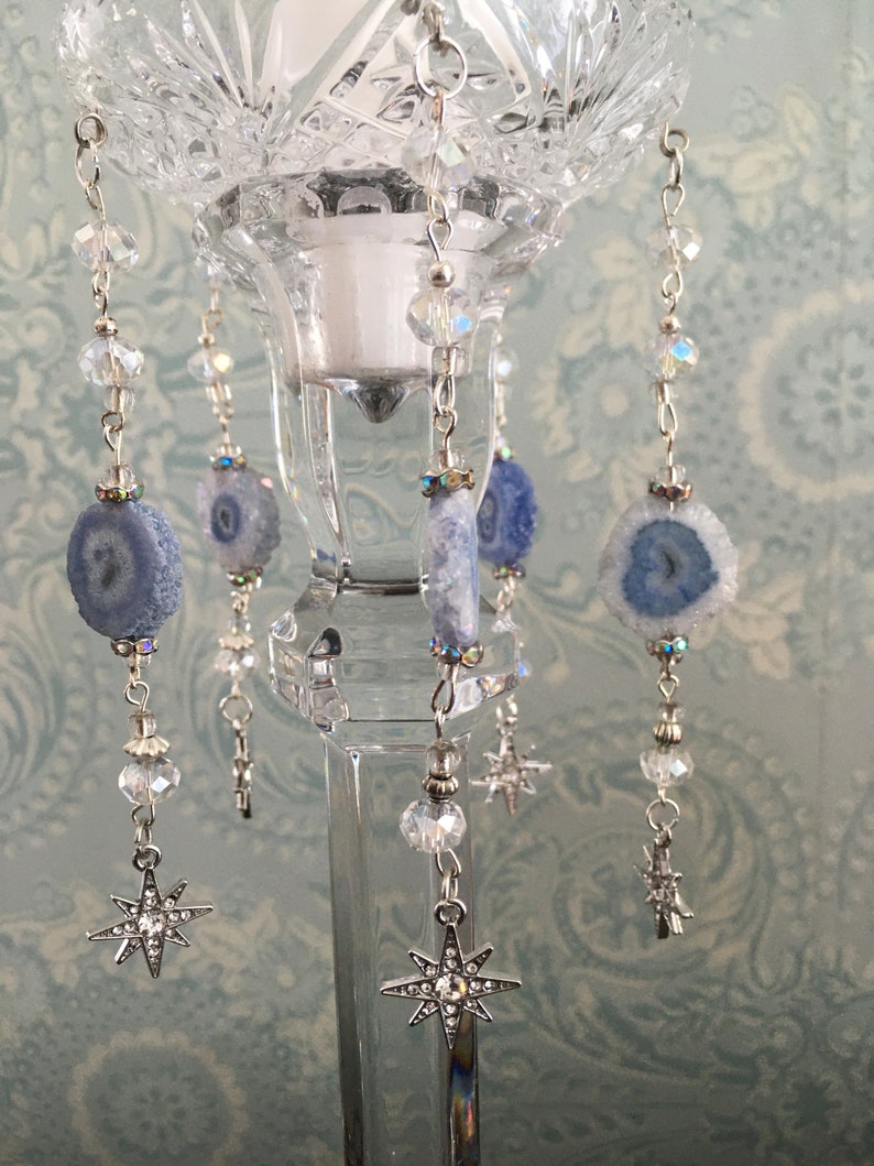 Cut Crystal Candle Ring Wax Catcher Bobeche Pair With Blue Agate, Clear