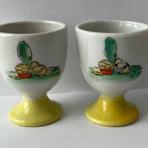 Pair of Made in Japan Vintage Hand Painted Egg Cups with Tiny Yellow Chick  - Retro, Farmhouse