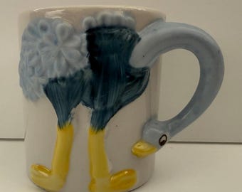 Vintage Light Blue and Teal Ostrich Yellow Legs Ceramic Child's Cup Mug