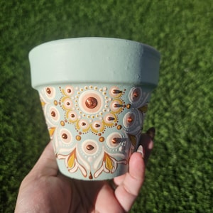 Hand-Painted 4” Mandala Plant Pot | Sea Glass Green with Copper & Gold Accents | Boho Luxe Home Decor