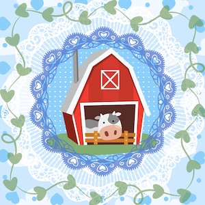 May include: A red barn with a white cow inside. The barn is surrounded by a blue and white lace pattern with green vines and blue hearts.