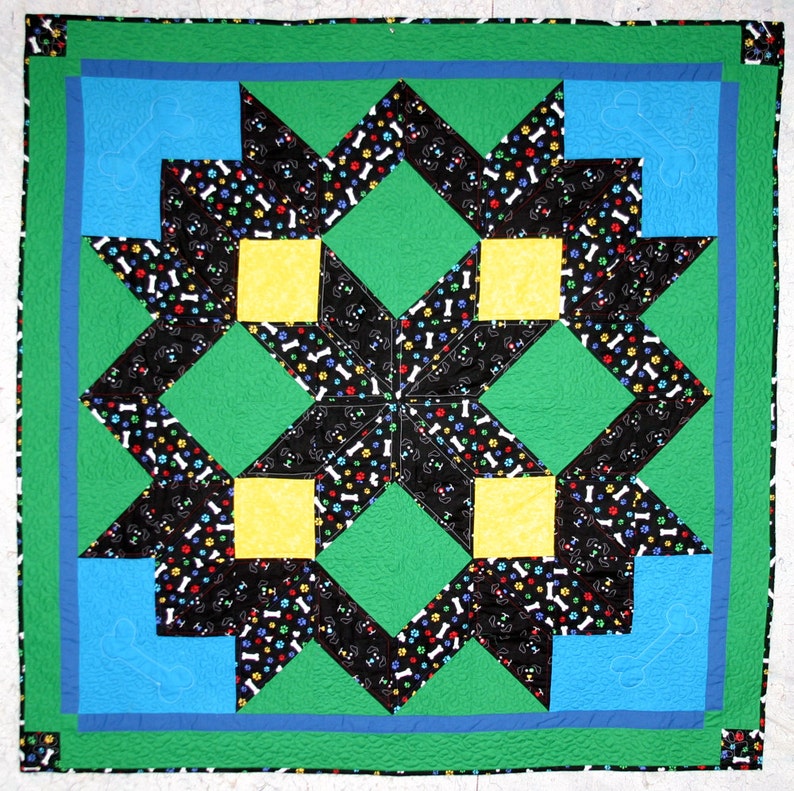 Puppy Dogs & Bones Carpenter Star Baby/Toddler/Lap Quilt 55 x 55 green/blue/yellow/multi colored faces and bones, quilted paw print/bone image 2