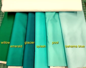 KONA Solid Fabric-your choice of 1 yard piece of: Glacier/Emerald/Splash/Pool/Bahama Blue/Robert Kaufman 44" wide Cotton