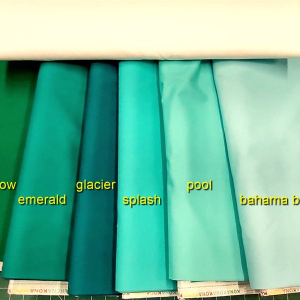 KONA Solid Fabric-your choice of 1 yard piece of: Glacier/Emerald/Splash/Pool/Bahama Blue/Robert Kaufman 44" wide Cotton