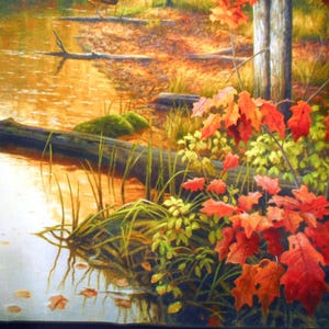 May include: A painting of a forest stream with a fallen log in the water. The water is a light brown color and the log is dark brown. The leaves of the trees are a mix of green, yellow, and red. The leaves on the ground are mostly brown.