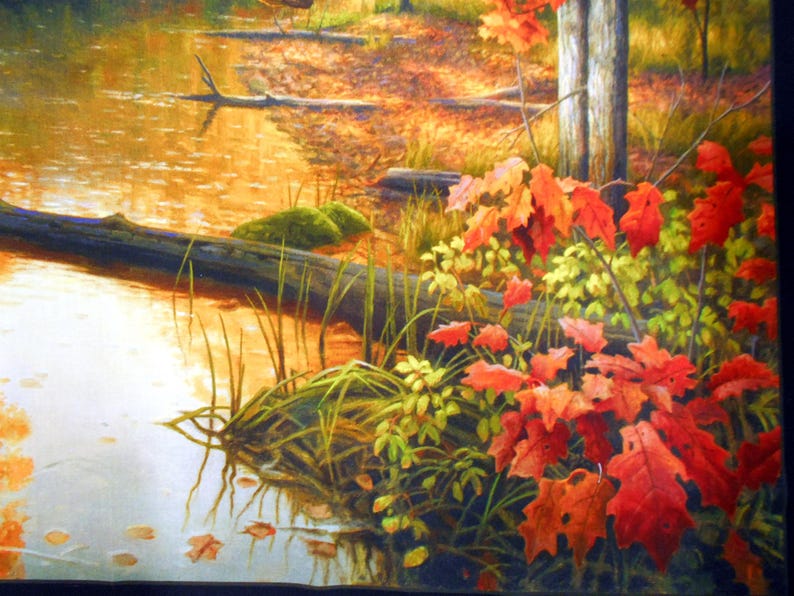 May include: A painting of a forest stream with a fallen log in the water. The water is a light brown color and the log is dark brown. The leaves of the trees are a mix of green, yellow, and red. The leaves on the ground are mostly brown.