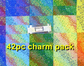 Fabric-42PC CHARM PACK #4772 Bubble Up/5"x5" squares/Rainbow Dots/Spots/Bubbles/red orange yellow blue green lavender purple violet black