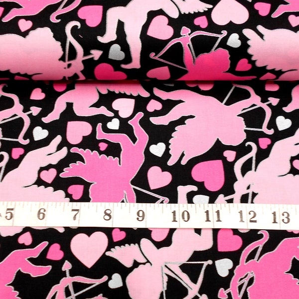 Fabric-1/2 or 1 yard piece #5084 Pink Cupids on black/pearlized/metallic silver outline/Valentines/Hugs & Kisses/Greta Lynn/Kanvas