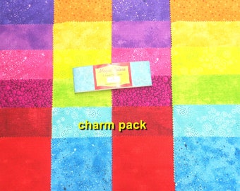 Fabric-24PC CHARM PACK #4349 Magic Colors/5"x5" squares/Essentials/rainbow/red orange yellow green blue pink purple/spatter/mottle/blender