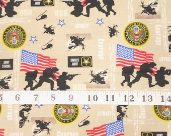 Military Fabric- 1yd #4926 United States Soldier/Army/USA/patriotic/chopper/dog tags/tan barbwire/barbed wire
