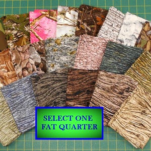 Fat Quarter Fabric/military green camo/realtree camo/pink/trees/white camo/birch/pine/rocks/tan brown charcoal grey umber bark driftwood
