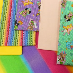 Fabric-6pc. Fat Quarter Bundle Bedtime/Nightie/rainbow/pink/blue/yellow/green/bedtime blanket/bunnies/bears/cats/dogs/frogs/books b393 image 5