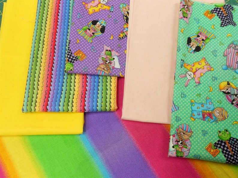 Fabric-6pc. Fat Quarter Bundle Bedtime/Nightie/rainbow/pink/blue/yellow/green/bedtime blanket/bunnies/bears/cats/dogs/frogs/books b393 image 5