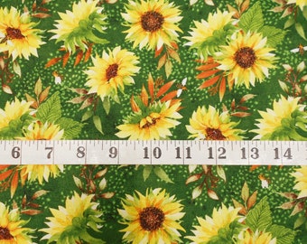 Fabric-#5285-Sunflowers & Leaves on Green/Autumn Sun Fabric Line/Wilmington Prints