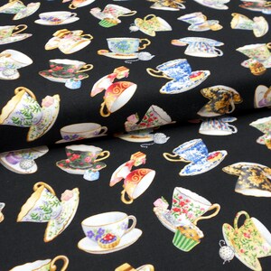 Fabric #5573 Fancy Tea Cups on black/Elizabeth's Studio/see instore for coordinating tea pots & pastries
