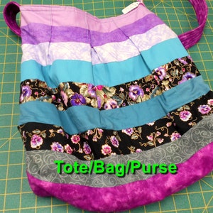 Tote/Bag/Purse-Round Trip Bag-Purple Pansies purples/blacks/teals or Blue Green white Paisley/blue bottom with a blue Strap image 8