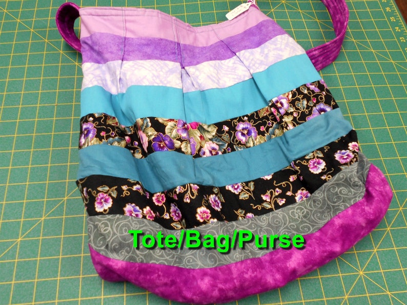 Tote/Bag/Purse-Round Trip Bag-Purple Pansies purples/blacks/teals or Blue Green white Paisley/blue bottom with a blue Strap image 8
