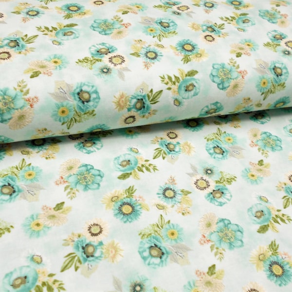 Fabric-"Blissful" #5402 Blue/green Flowers (small size floral)/aqua white floral/aqua background/Danielle Leone/Wilmington