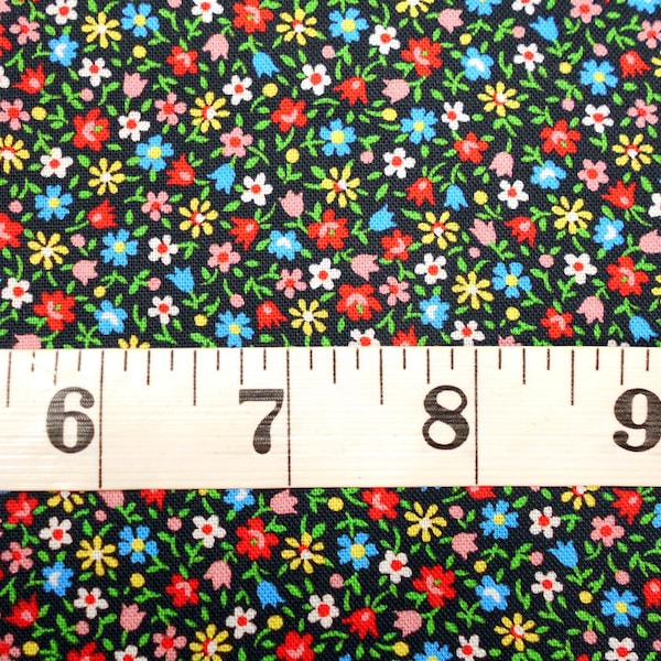 Fabric-1/2 or 1yd #5160-FLORAL CACHE-Small Packed Floral/black background/red yellow blue pink/Calico-small floral print/Quilting Treasures