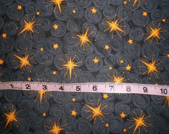Fabric-1yd piece #219-Grey/Gray/Black Swirls/Gold Stars/Celestial/Northern Star/Night Sky/Christmas/Xmas/Winter