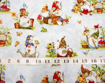 Fabric-1/2 or 1yd piece #5362 Gnome & Garden/Gnomes on blue/watering cans/sunflowers/frogs/birds/mushrooms/red white green/Susan Winget