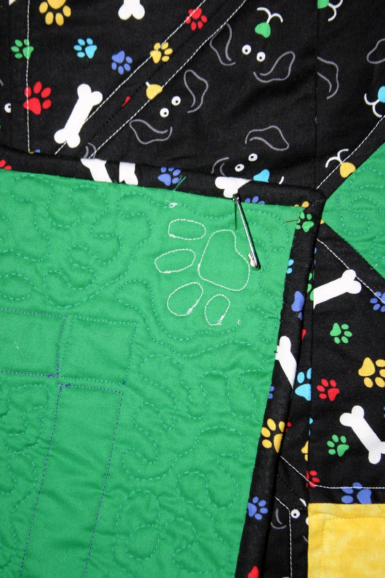 Puppy Dogs & Bones Carpenter Star Baby/Toddler/Lap Quilt 55 x 55 green/blue/yellow/multi colored faces and bones, quilted paw print/bone image 5