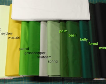 KONA Solid Fabric-Green:  Chartreuse/Sprout/Honeydew/wasabi/parrot/grasshopper/Seafoam/Spring/palm/Basil/Kelly/Forest/evergreen/Kaufman
