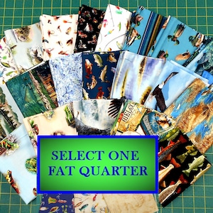 Fat Quarter Fabric/bass lures/bass/flies fly fishing/poles bait/border/fish ducks canoes deer cabin heron/splash/water island/frogs/eagle