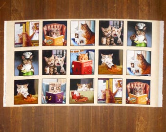 Fabric-Cat's Meow Panel #6150 approx. 24x43"/15 block panel/silly crazy cats and mice/spill beans/art/books/selfie/Elizabeth's Studio