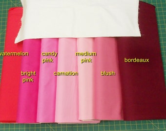 KONA Solid Fabric-your choice of a 1 yard piece of:Bordeaux/Blush/Watermelon/Pomegranate/Medium Pink/Peony/Candy Pink/Cerise/Kaufman/Cotton
