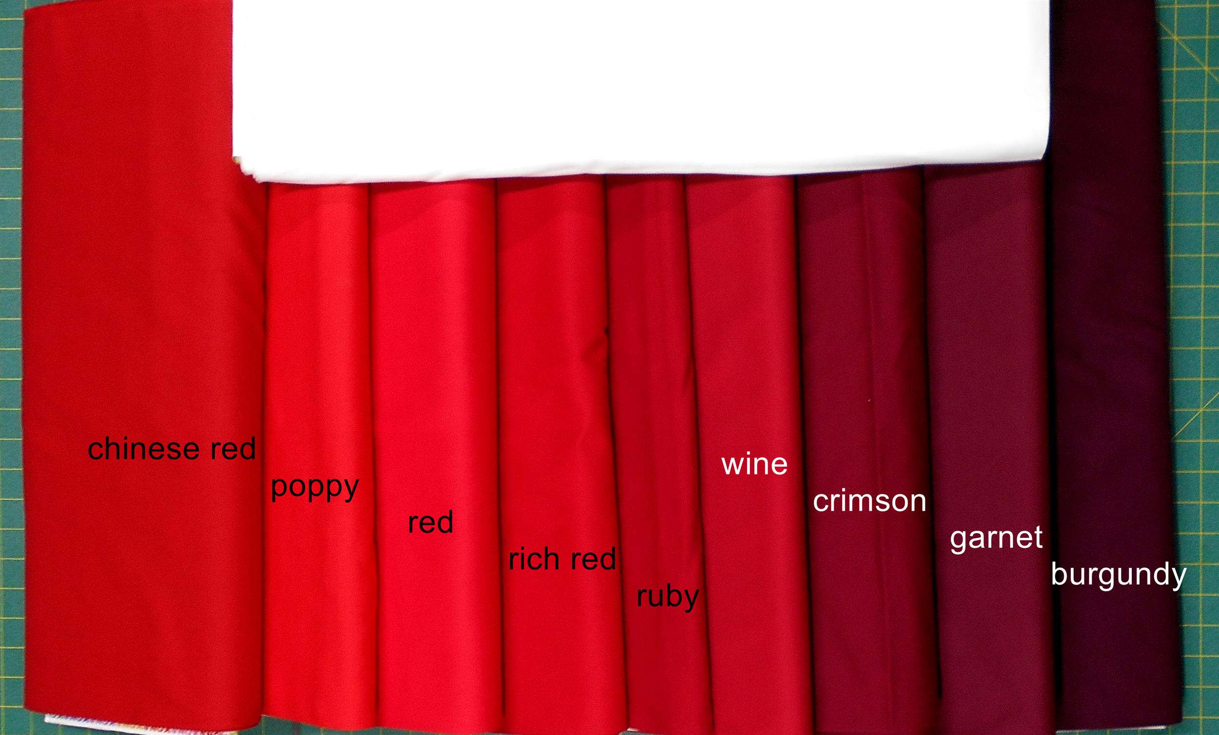 KONA Solid Fabric-reds: Chinese Red/poppy/red/rich Red/ruby KONA Solid Fabric-reds: Chinese Red/poppy/red/rich Red/ruby