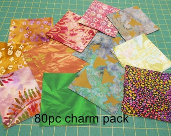 Batik Fabric-80pc. charm squares/5"x5" #3831 -Multi-Colored/Rainbow/Batik/red/purple/green/teal/aqua/yellow/brown/pink/blue/abstract