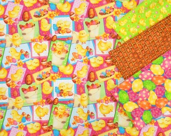 Fabric-Easter Parade 4pc Fat Quarter Bundle (b337) Chick Picture Patch/Easter chicks on Fuchsia/Easter buckets/eggs/pink and orange flowers