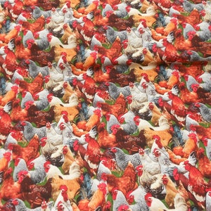May include: A fabric featuring a repeating pattern of colourful chickens. The chickens are in various poses, including standing, walking, and pecking. The fabric is white with a subtle texture.