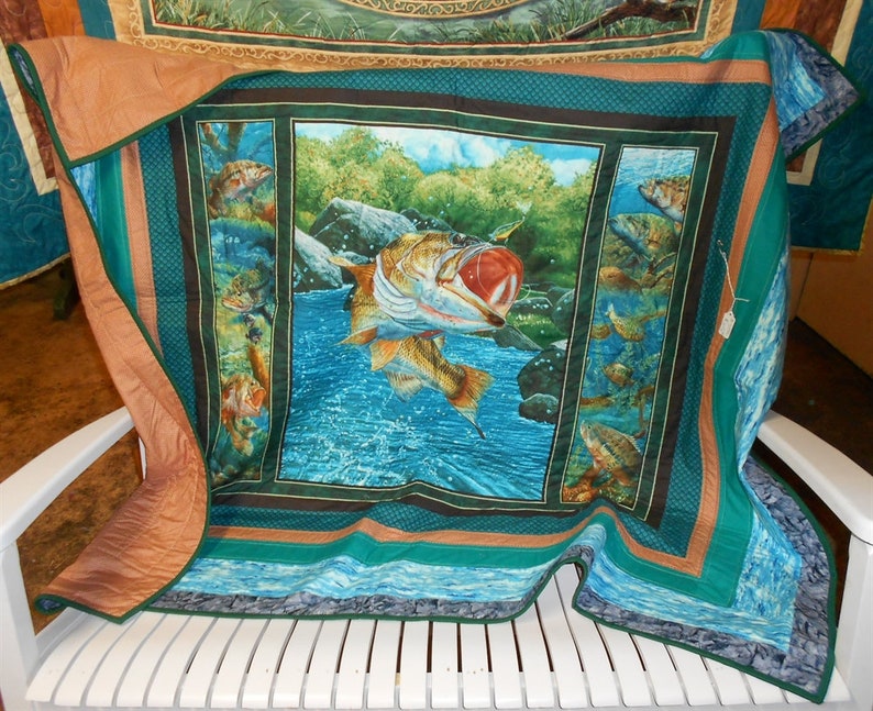 Largemouth Bass Lap Quilt/Fishing/Fisherman/Fishermen/Mancave approx. 59 across x 51 /bass/water/rocks/grey gray/teal/peach tan/green image 1