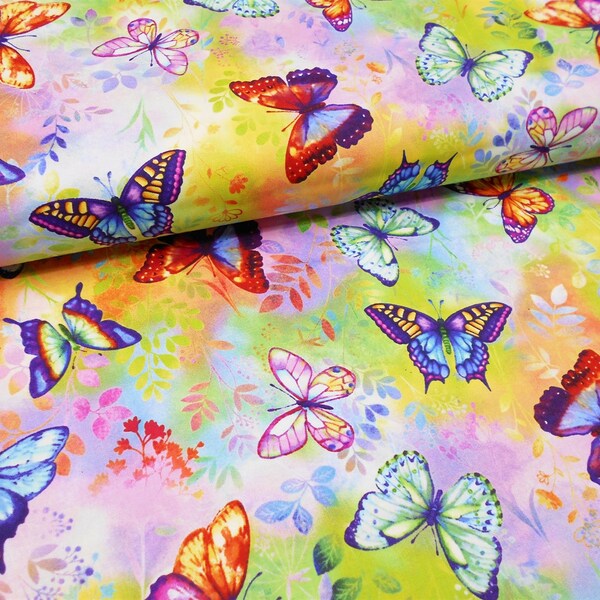 Fabric-1/2 or 1yd piece #5312-Butterfly Bliss/rainbow multi colored butterflies/rainbow background leaves vines/Studio E Fabrics