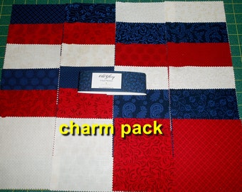 Fabric-24PC CHARM PACK #4428 Old Glory/5""x5" squares/wilmington/paisley/swirl/vine/red white blue/red beige dark blue/patriotic/Americana