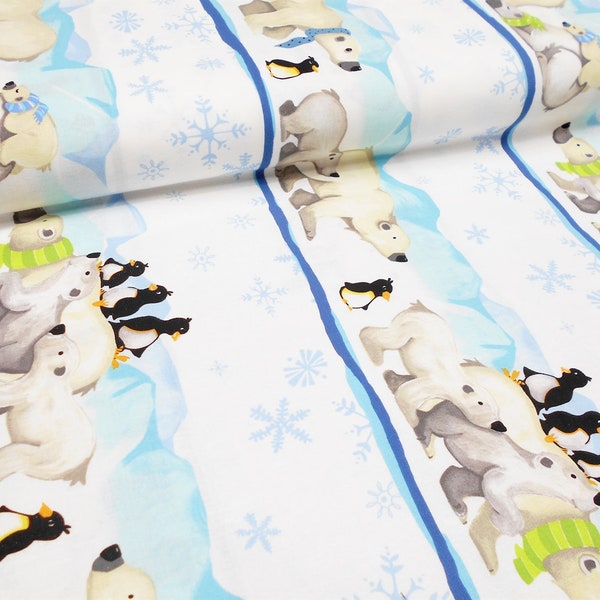 Fabric-1/2 or 1yd piece #5524/Burr The Polar Bear Border Stripe/bears on ice/penguins/snowflakes/Susybee